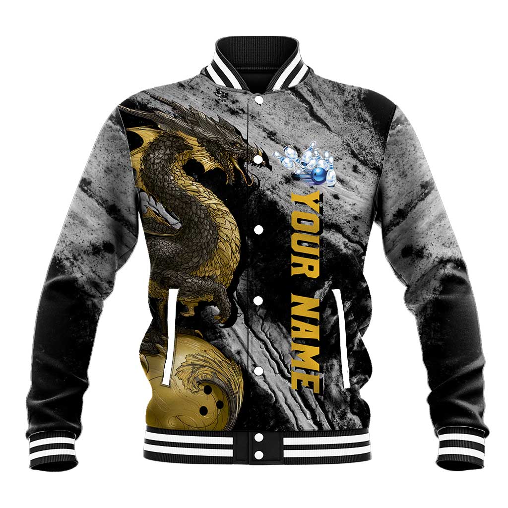 Golden Dragon and Bowling Ball Design Baseball Jacket with Marble Stone Texture and Custom Team Name Text - Wonder Print Shop