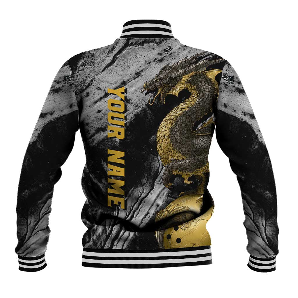 Golden Dragon and Bowling Ball Design Baseball Jacket with Marble Stone Texture and Custom Team Name Text - Wonder Print Shop