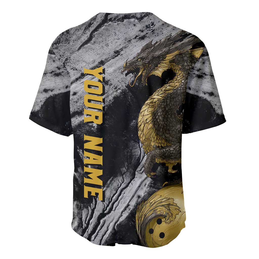 Golden Dragon and Bowling Ball Design Baseball Jersey with Marble Stone Texture and Custom Team Name Text - Wonder Print Shop