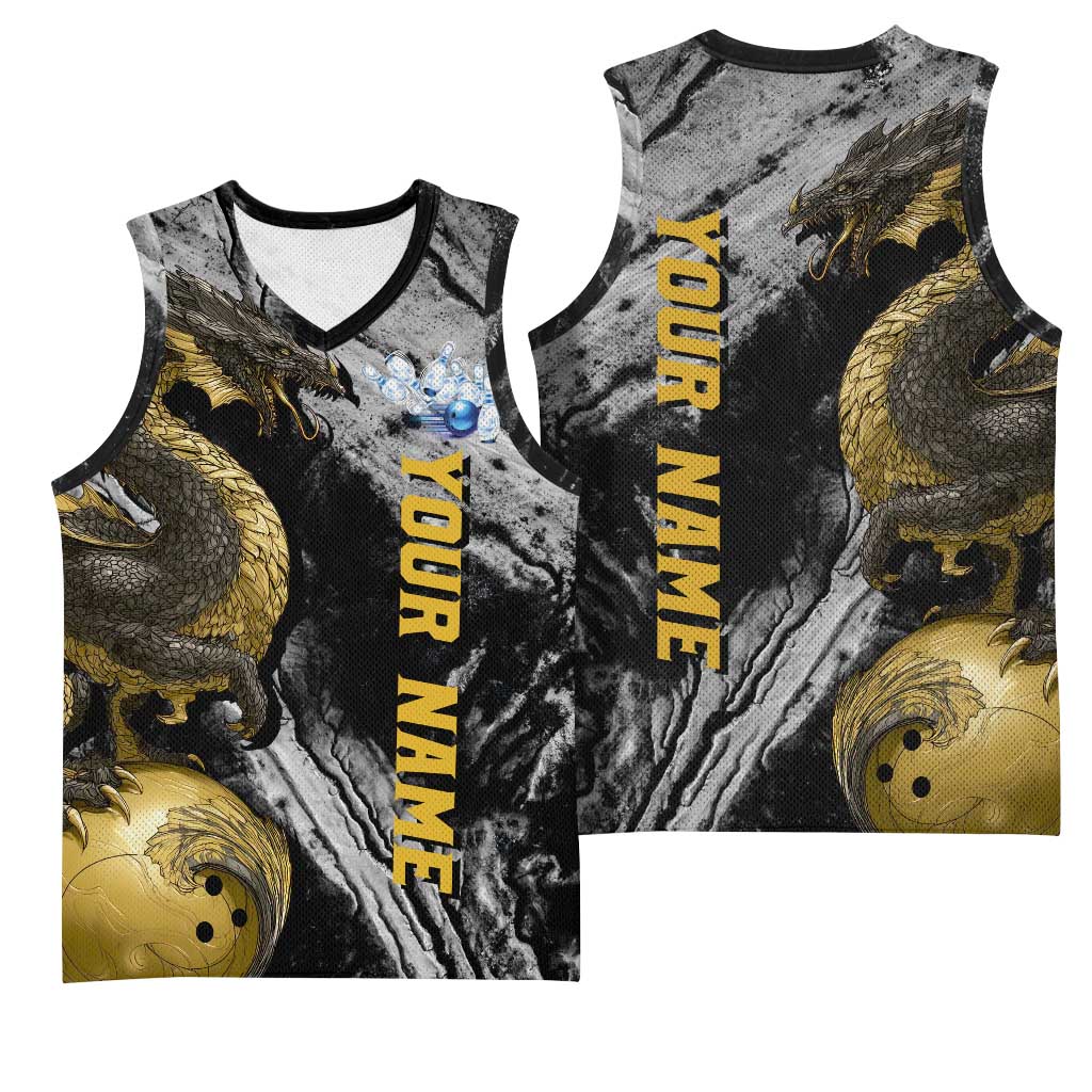 Golden Dragon and Bowling Ball Design Basketball Jersey with Marble Stone Texture and Custom Team Name Text - Wonder Print Shop