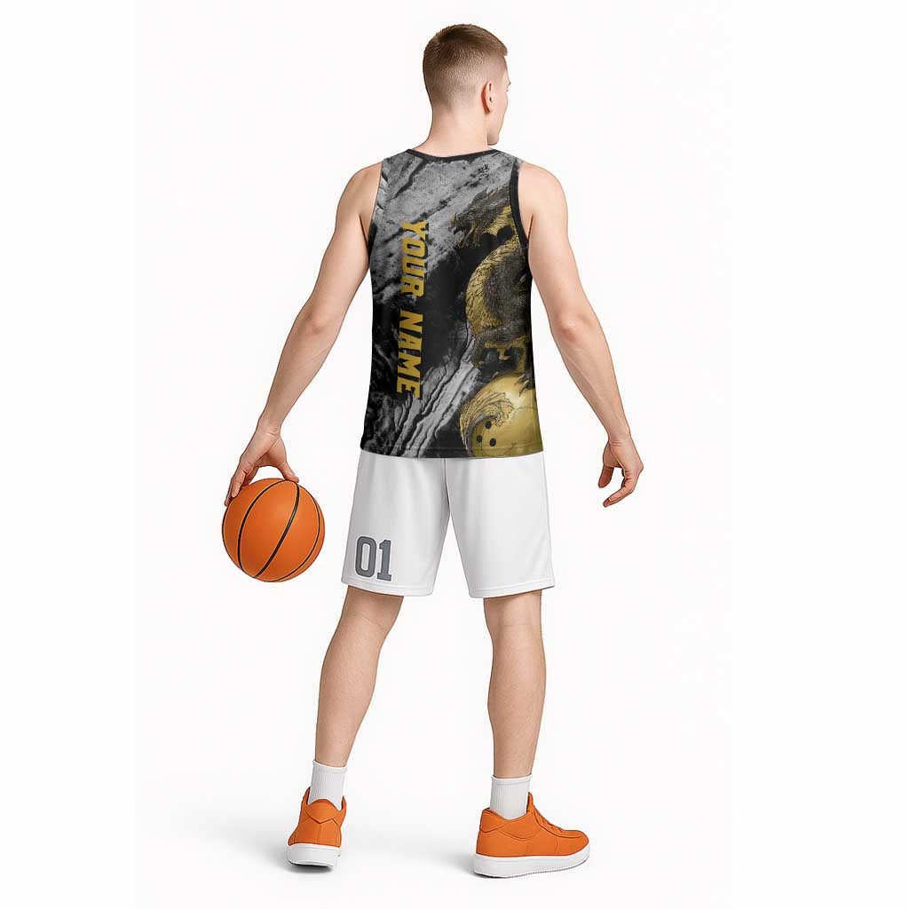 Golden Dragon and Bowling Ball Design Basketball Jersey with Marble Stone Texture and Custom Team Name Text - Wonder Print Shop
