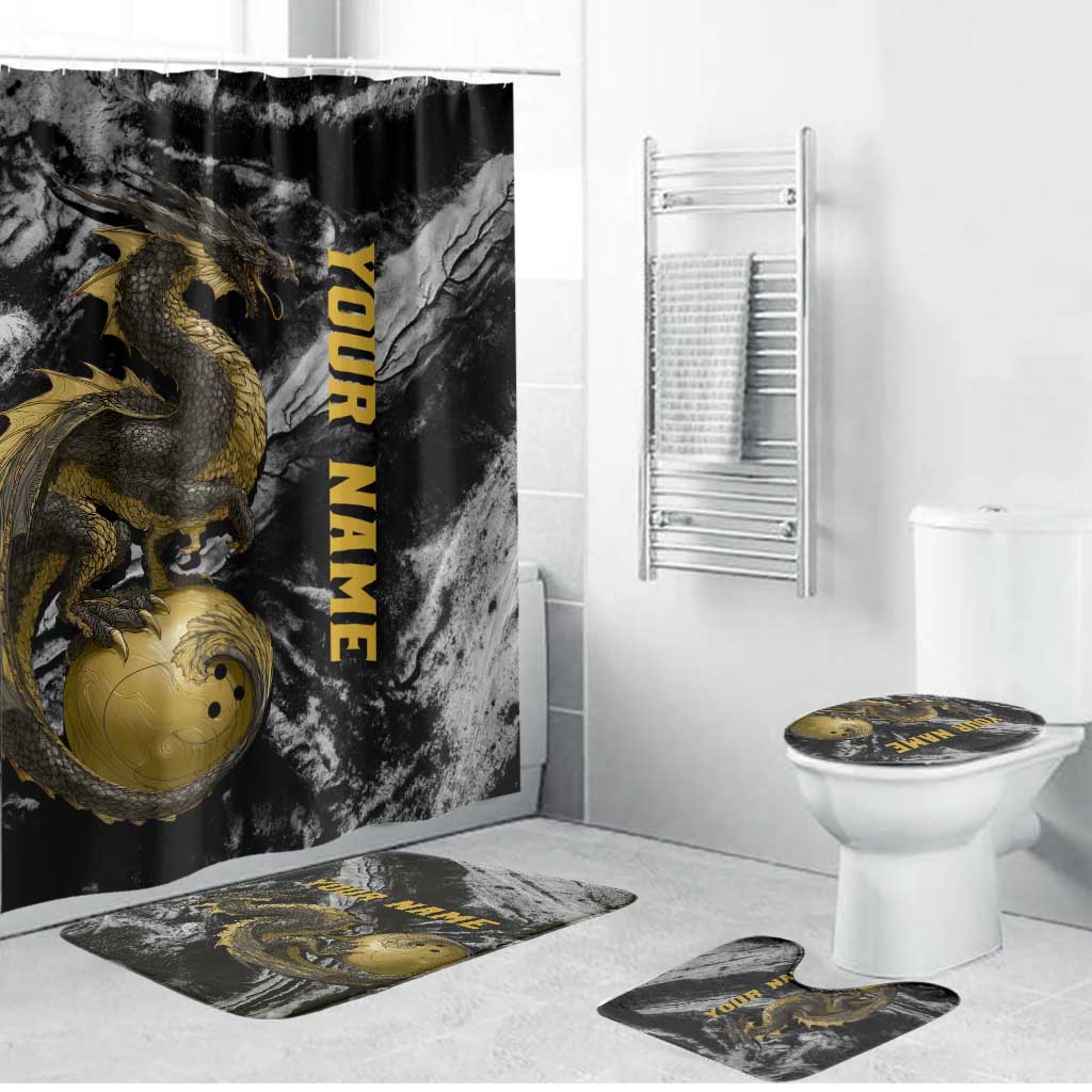 Golden Dragon and Bowling Ball Design Bathroom Set with Marble Stone Texture and Custom Team Name Text - Wonder Print Shop