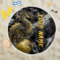 Golden Dragon and Bowling Ball Design Beach Blanket with Marble Stone Texture and Custom Team Name Text - Wonder Print Shop
