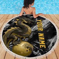 Golden Dragon and Bowling Ball Design Beach Blanket with Marble Stone Texture and Custom Team Name Text - Wonder Print Shop