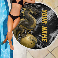 Golden Dragon and Bowling Ball Design Beach Blanket with Marble Stone Texture and Custom Team Name Text - Wonder Print Shop