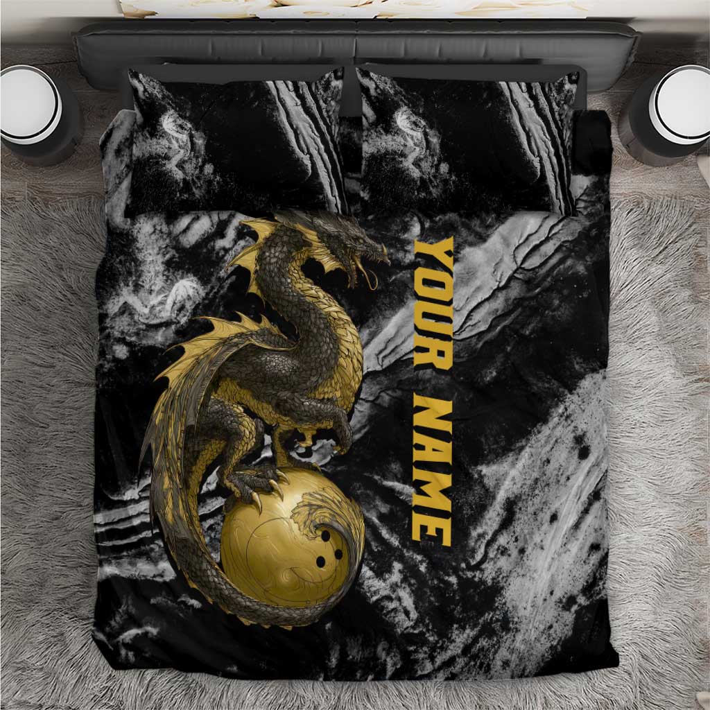 Golden Dragon and Bowling Ball Design Bedding Set with Marble Stone Texture and Custom Team Name Text - Wonder Print Shop