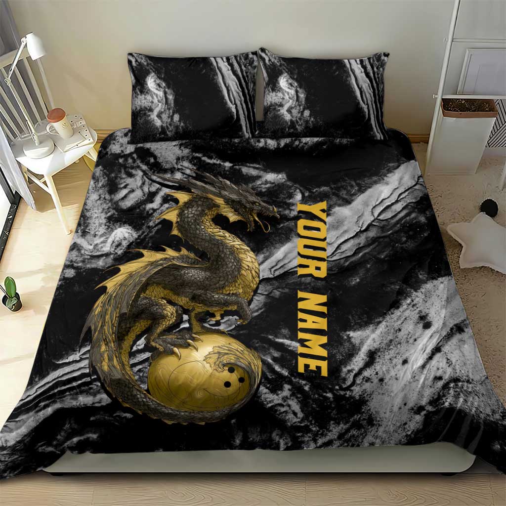 Golden Dragon and Bowling Ball Design Bedding Set with Marble Stone Texture and Custom Team Name Text - Wonder Print Shop