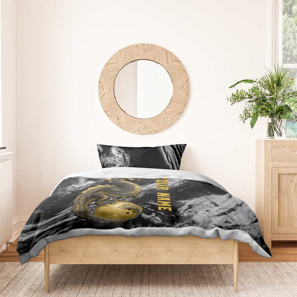 Golden Dragon and Bowling Ball Design Bedding Set with Marble Stone Texture and Custom Team Name Text - Wonder Print Shop