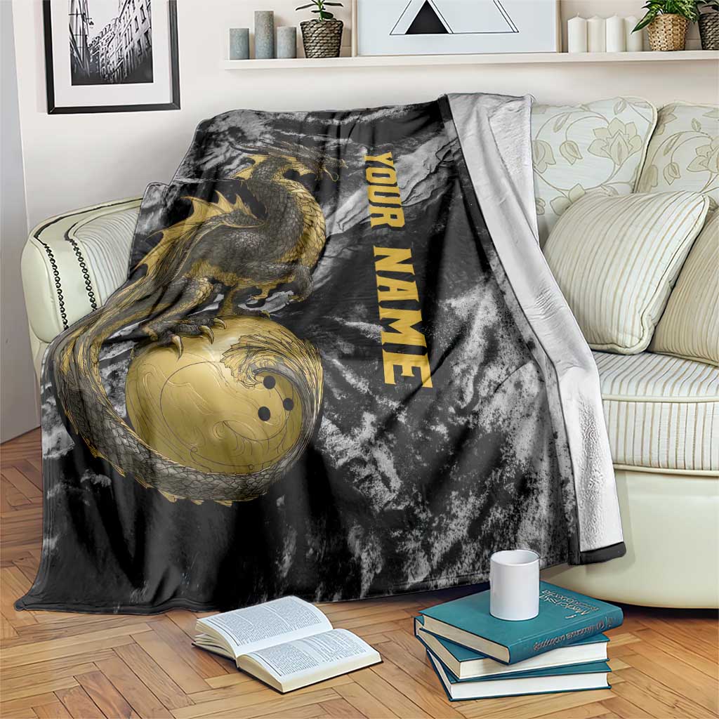 Golden Dragon and Bowling Ball Design Blanket with Marble Stone Texture and Custom Team Name Text - Wonder Print Shop