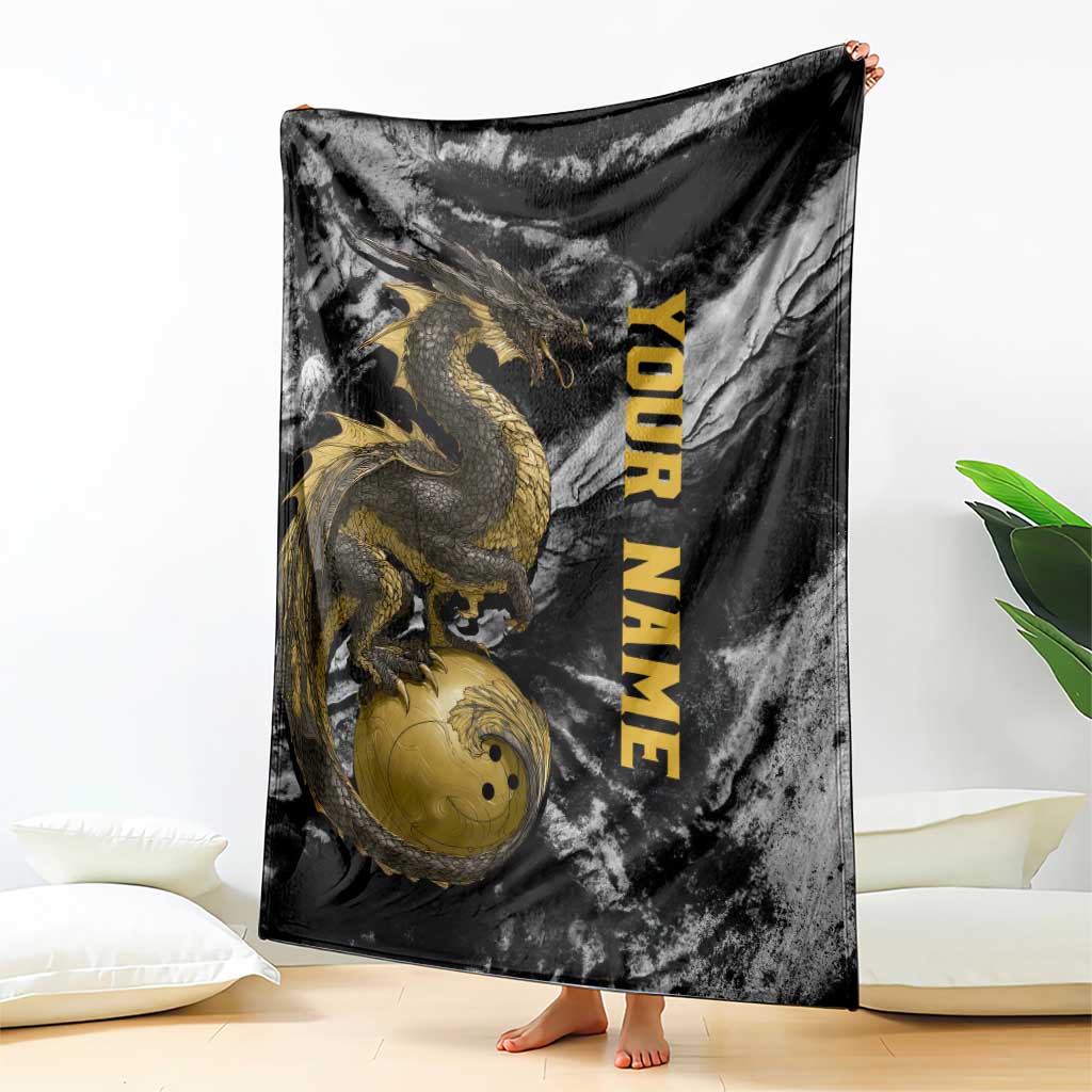 Golden Dragon and Bowling Ball Design Blanket with Marble Stone Texture and Custom Team Name Text - Wonder Print Shop