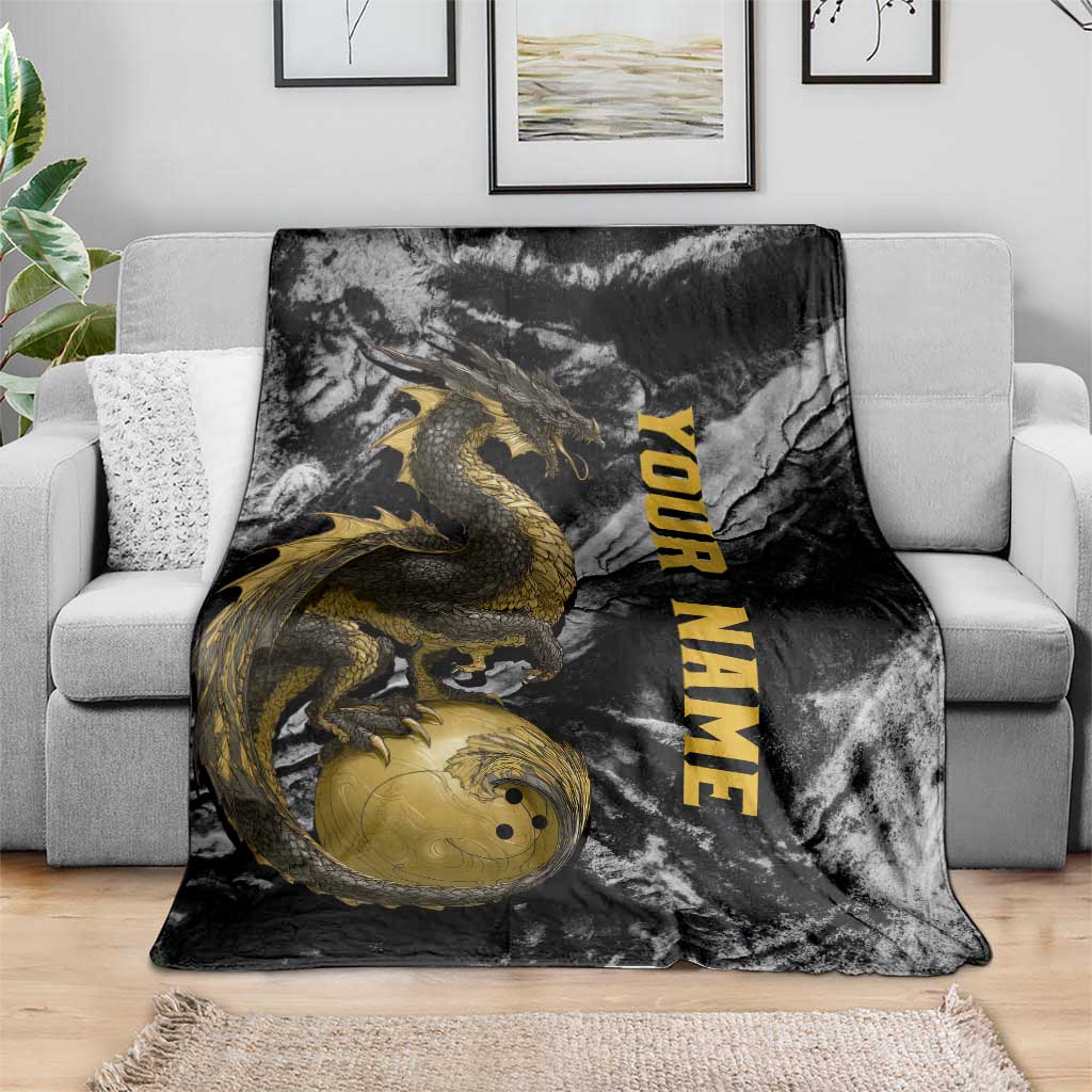 Golden Dragon and Bowling Ball Design Blanket with Marble Stone Texture and Custom Team Name Text - Wonder Print Shop