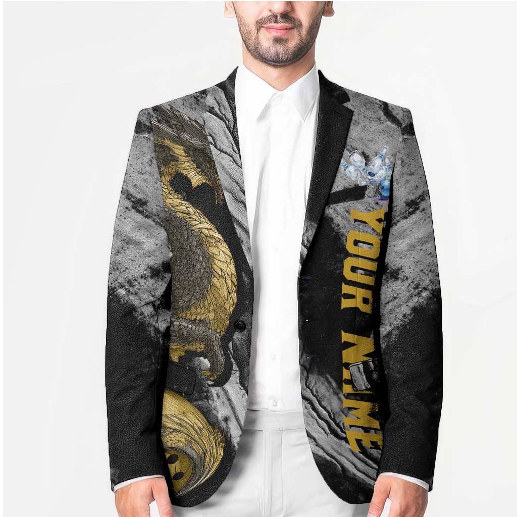 Golden Dragon and Bowling Ball Design Blazer with Marble Stone Texture and Custom Team Name Text - Wonder Print Shop