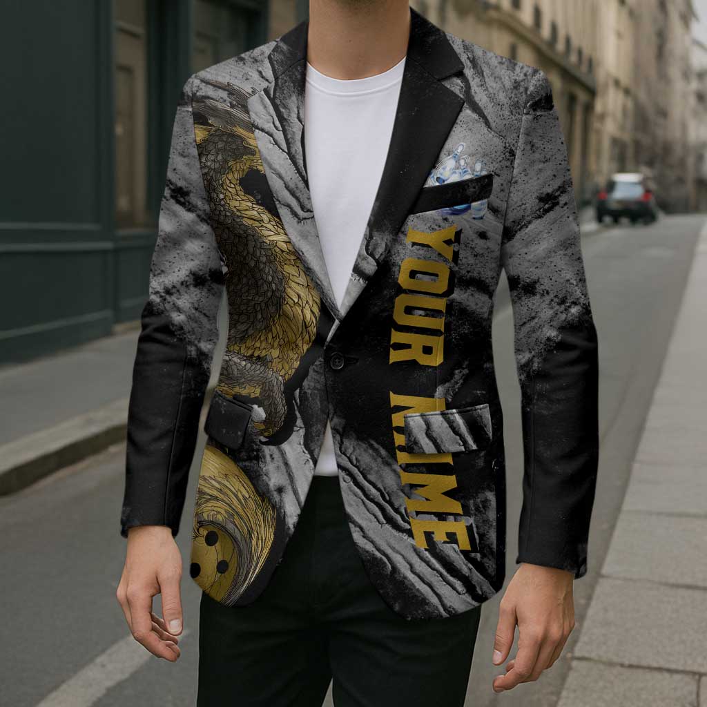 Golden Dragon and Bowling Ball Design Blazer with Marble Stone Texture and Custom Team Name Text - Wonder Print Shop