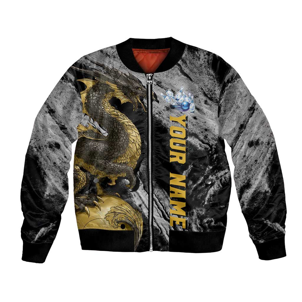 Golden Dragon and Bowling Ball Design Bomber Jacket with Marble Stone Texture and Custom Team Name Text - Wonder Print Shop