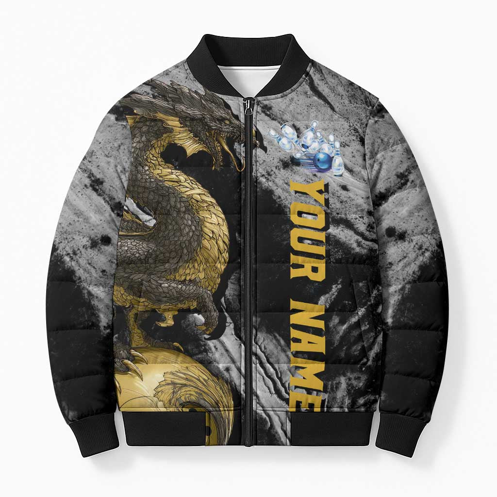 Golden Dragon and Bowling Ball Design Bomber Puffer Jacket with Marble Stone Texture and Custom Team Name Text - Wonder Print Shop