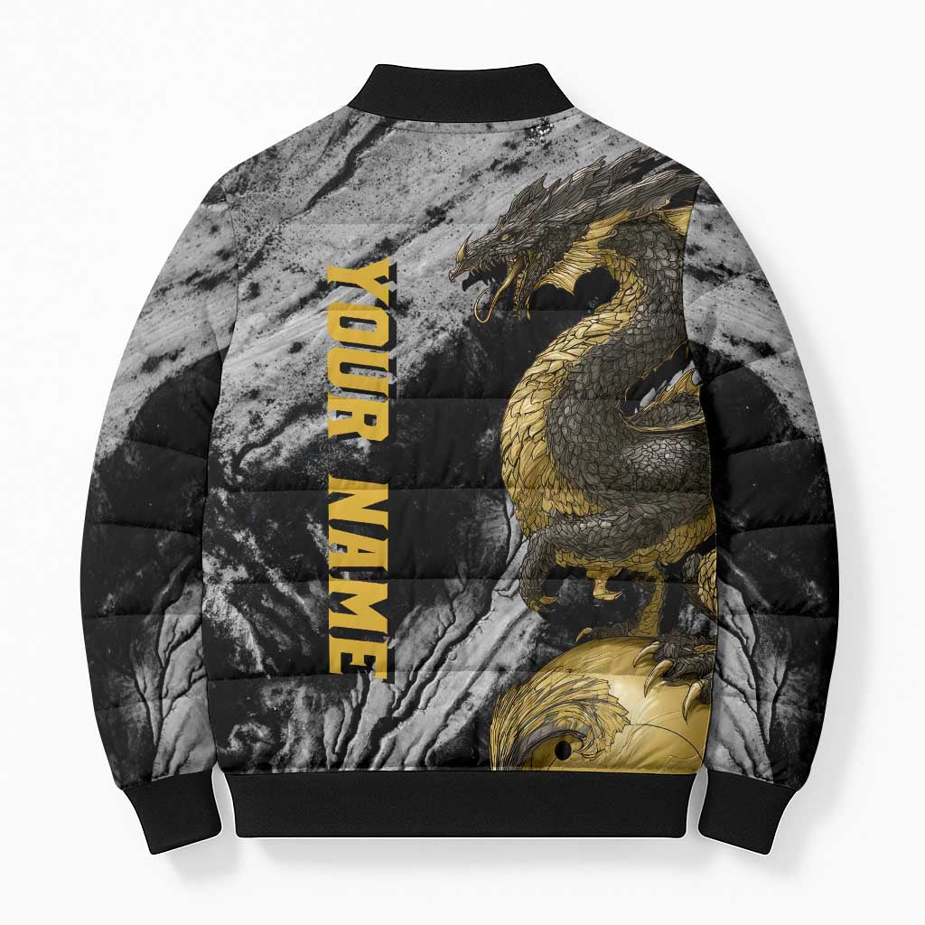 Golden Dragon and Bowling Ball Design Bomber Puffer Jacket with Marble Stone Texture and Custom Team Name Text - Wonder Print Shop