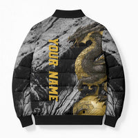 Golden Dragon and Bowling Ball Design Bomber Puffer Jacket with Marble Stone Texture and Custom Team Name Text - Wonder Print Shop