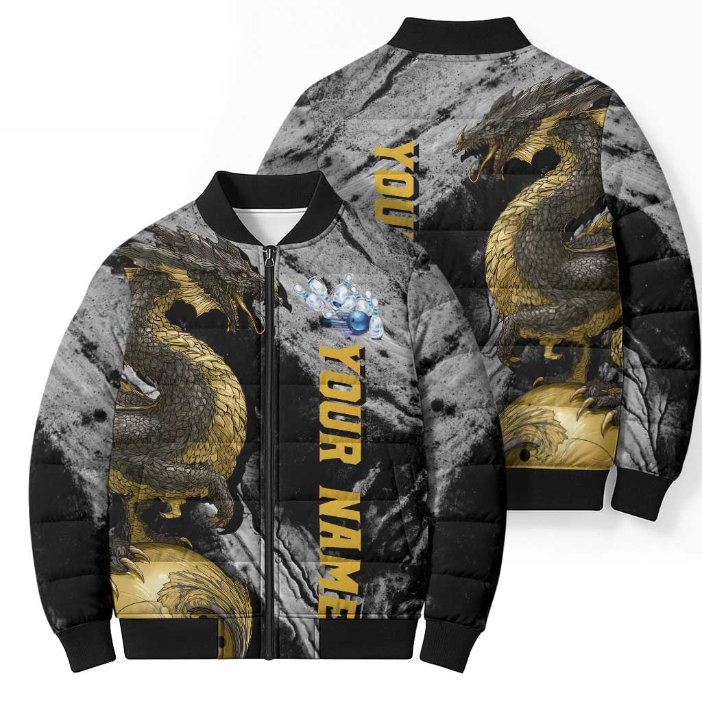 Golden Dragon and Bowling Ball Design Bomber Puffer Jacket with Marble Stone Texture and Custom Team Name Text - Wonder Print Shop
