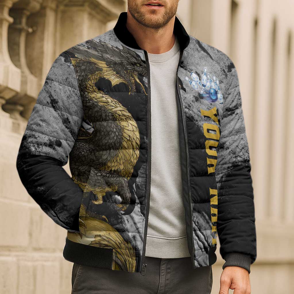 Golden Dragon and Bowling Ball Design Bomber Puffer Jacket with Marble Stone Texture and Custom Team Name Text - Wonder Print Shop