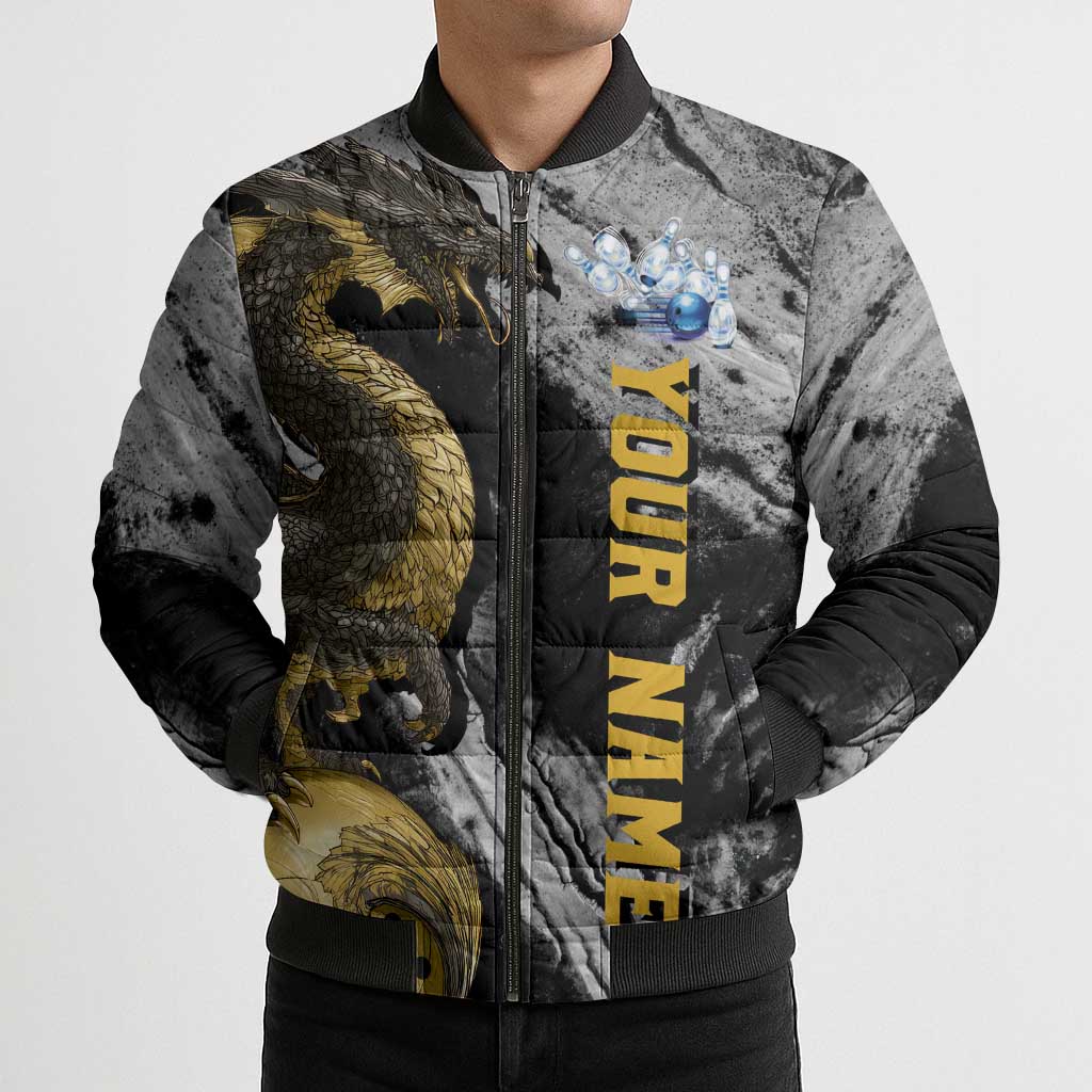 Golden Dragon and Bowling Ball Design Bomber Puffer Jacket with Marble Stone Texture and Custom Team Name Text - Wonder Print Shop