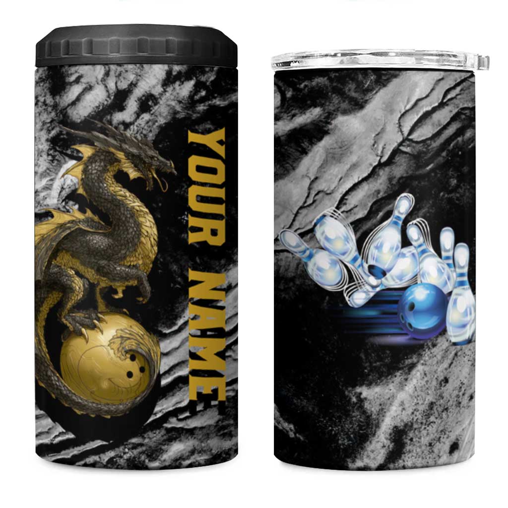 Golden Dragon and Bowling Ball Design 4 in 1 Can Cooler Tumbler with Marble Stone Texture and Custom Team Name Text - Wonder Print Shop