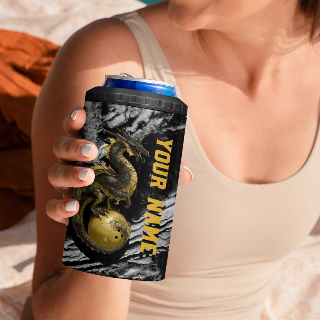 Golden Dragon and Bowling Ball Design 4 in 1 Can Cooler Tumbler with Marble Stone Texture and Custom Team Name Text - Wonder Print Shop