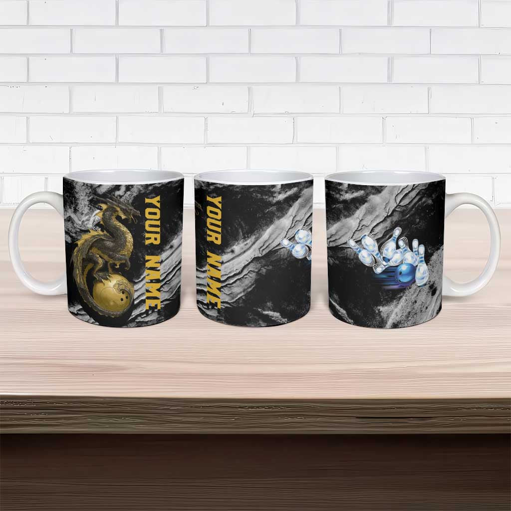 Golden Dragon and Bowling Ball Design Ceramic Mug with Marble Stone Texture and Custom Team Name Text - Wonder Print Shop