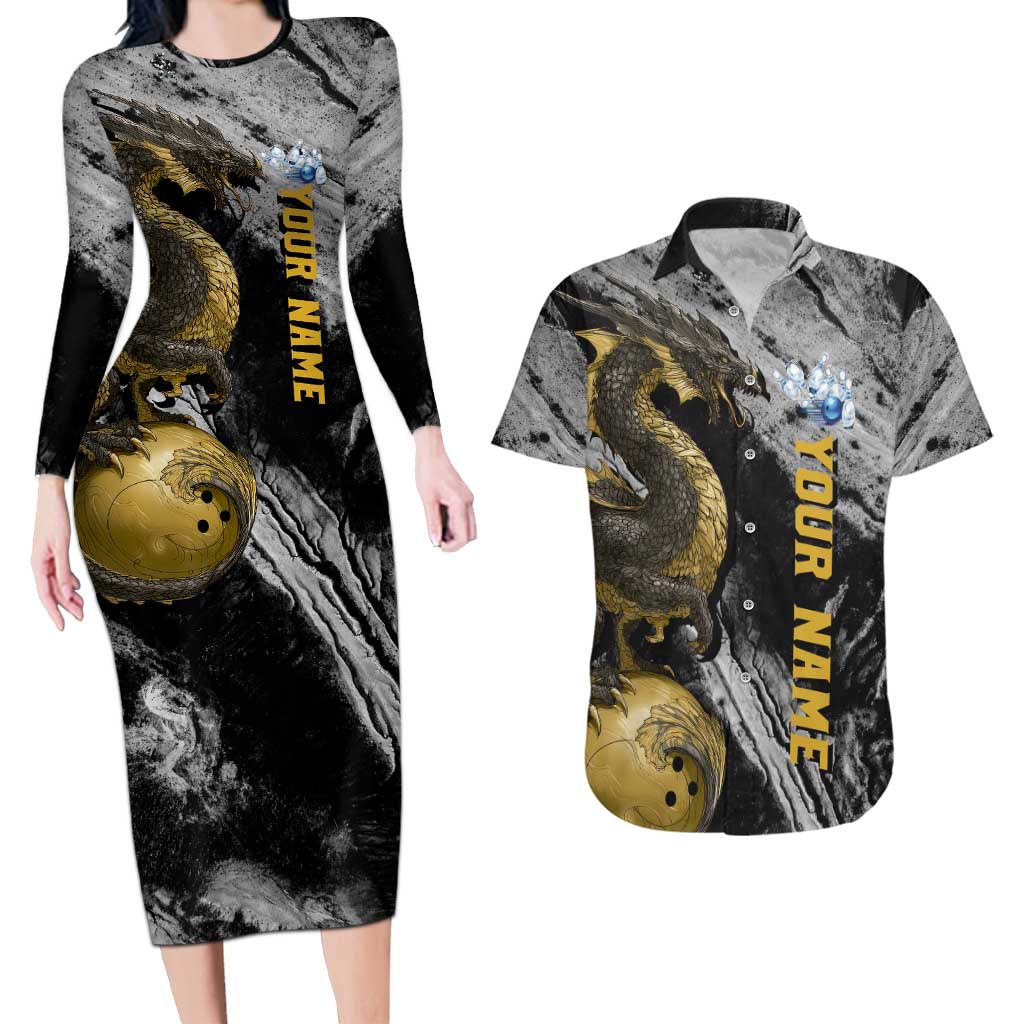 Golden Dragon and Bowling Ball Design Couples Matching Long Sleeve Bodycon Dress and Hawaiian Shirt with Marble Stone Texture and Custom Team Name Text - Wonder Print Shop