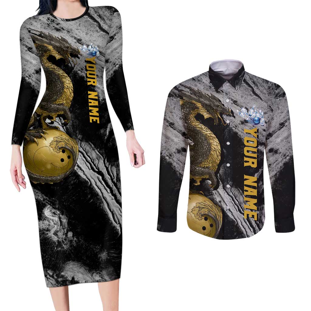 Golden Dragon and Bowling Ball Design Couples Matching Long Sleeve Bodycon Dress and Long Sleeve Button Shirt with Marble Stone Texture and Custom Team Name Text - Wonder Print Shop