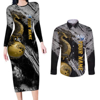 Golden Dragon and Bowling Ball Design Couples Matching Long Sleeve Bodycon Dress and Long Sleeve Button Shirt with Marble Stone Texture and Custom Team Name Text - Wonder Print Shop