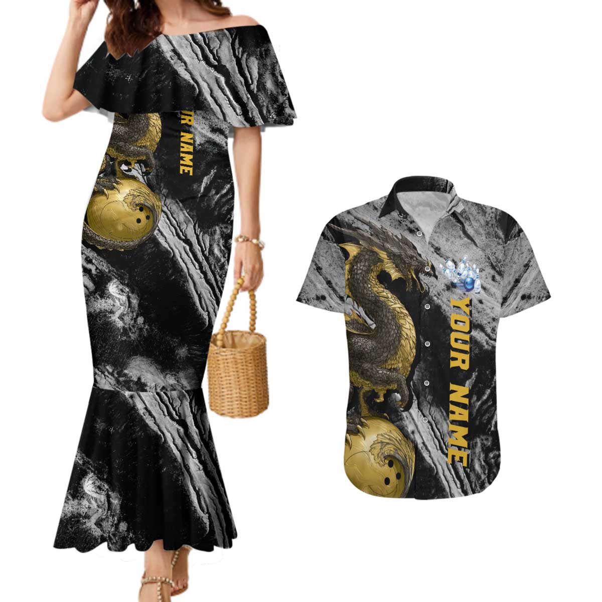 Golden Dragon and Bowling Ball Design Couples Matching Mermaid Dress and Hawaiian Shirt with Marble Stone Texture and Custom Team Name Text - Wonder Print Shop