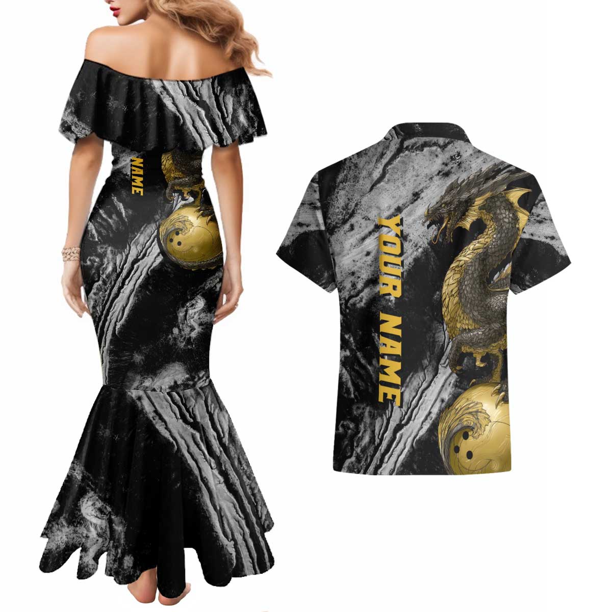 Golden Dragon and Bowling Ball Design Couples Matching Mermaid Dress and Hawaiian Shirt with Marble Stone Texture and Custom Team Name Text - Wonder Print Shop