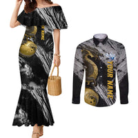Golden Dragon and Bowling Ball Design Couples Matching Mermaid Dress and Long Sleeve Button Shirt with Marble Stone Texture and Custom Team Name Text - Wonder Print Shop