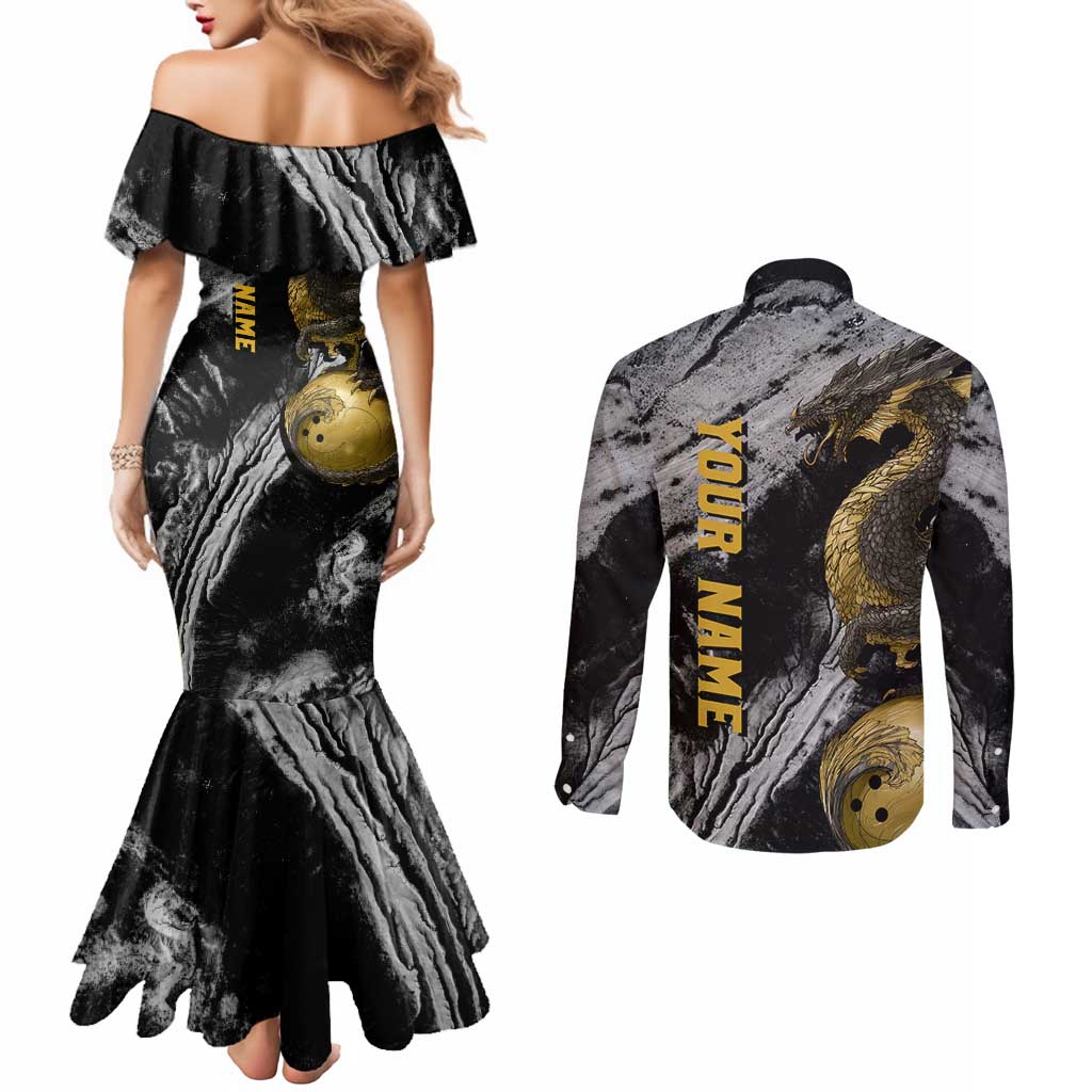 Golden Dragon and Bowling Ball Design Couples Matching Mermaid Dress and Long Sleeve Button Shirt with Marble Stone Texture and Custom Team Name Text - Wonder Print Shop