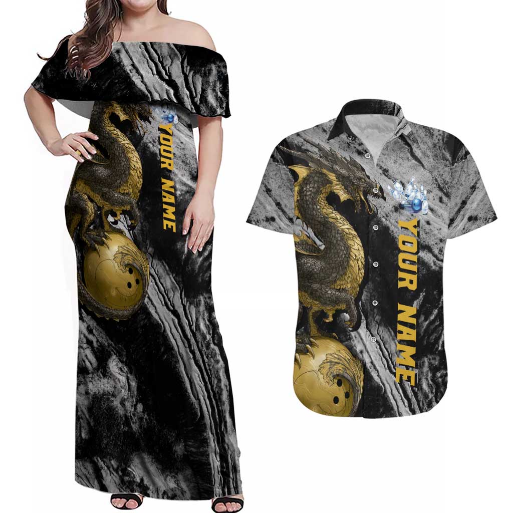Golden Dragon and Bowling Ball Design Couples Matching Off Shoulder Maxi Dress and Hawaiian Shirt with Marble Stone Texture and Custom Team Name Text - Wonder Print Shop