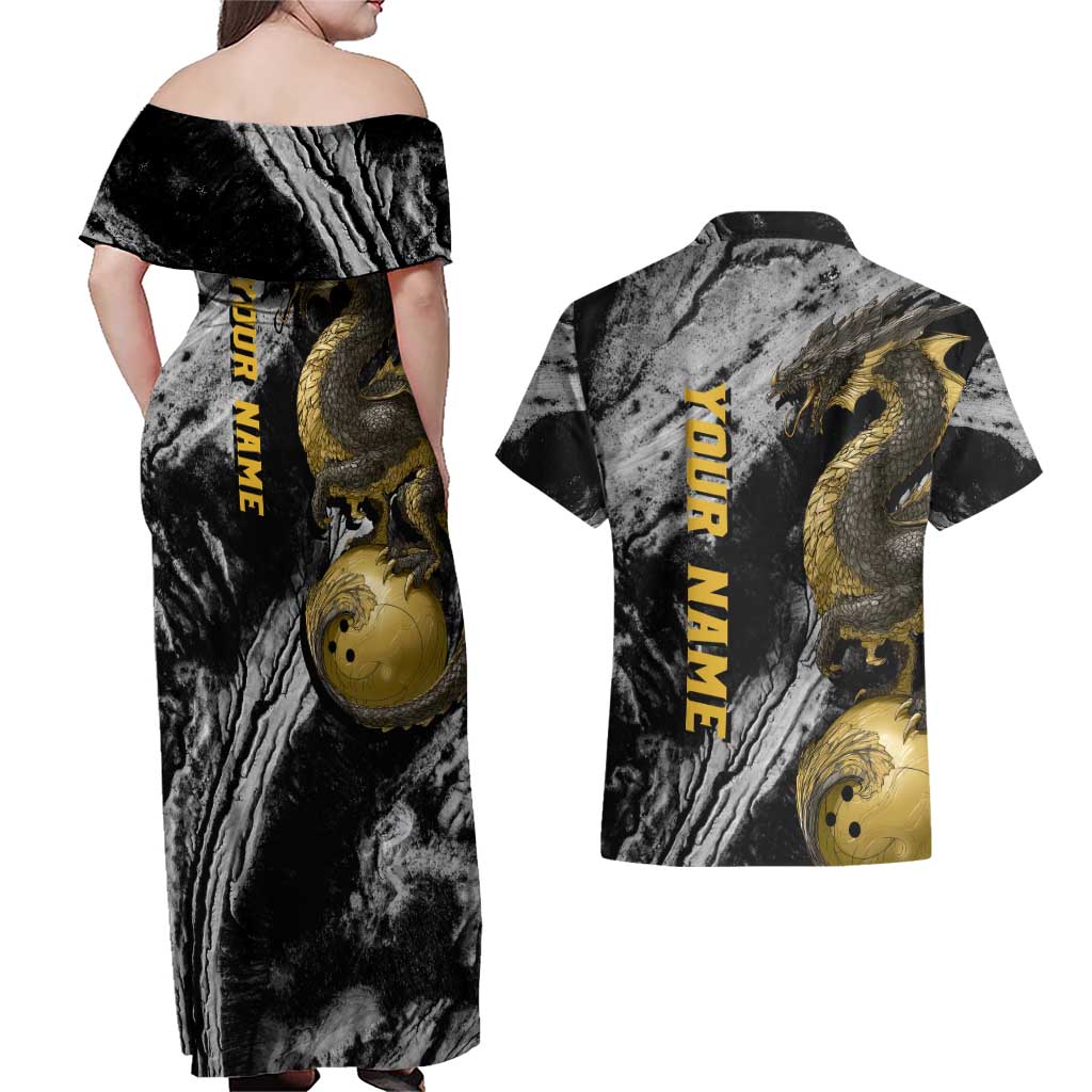 Golden Dragon and Bowling Ball Design Couples Matching Off Shoulder Maxi Dress and Hawaiian Shirt with Marble Stone Texture and Custom Team Name Text - Wonder Print Shop