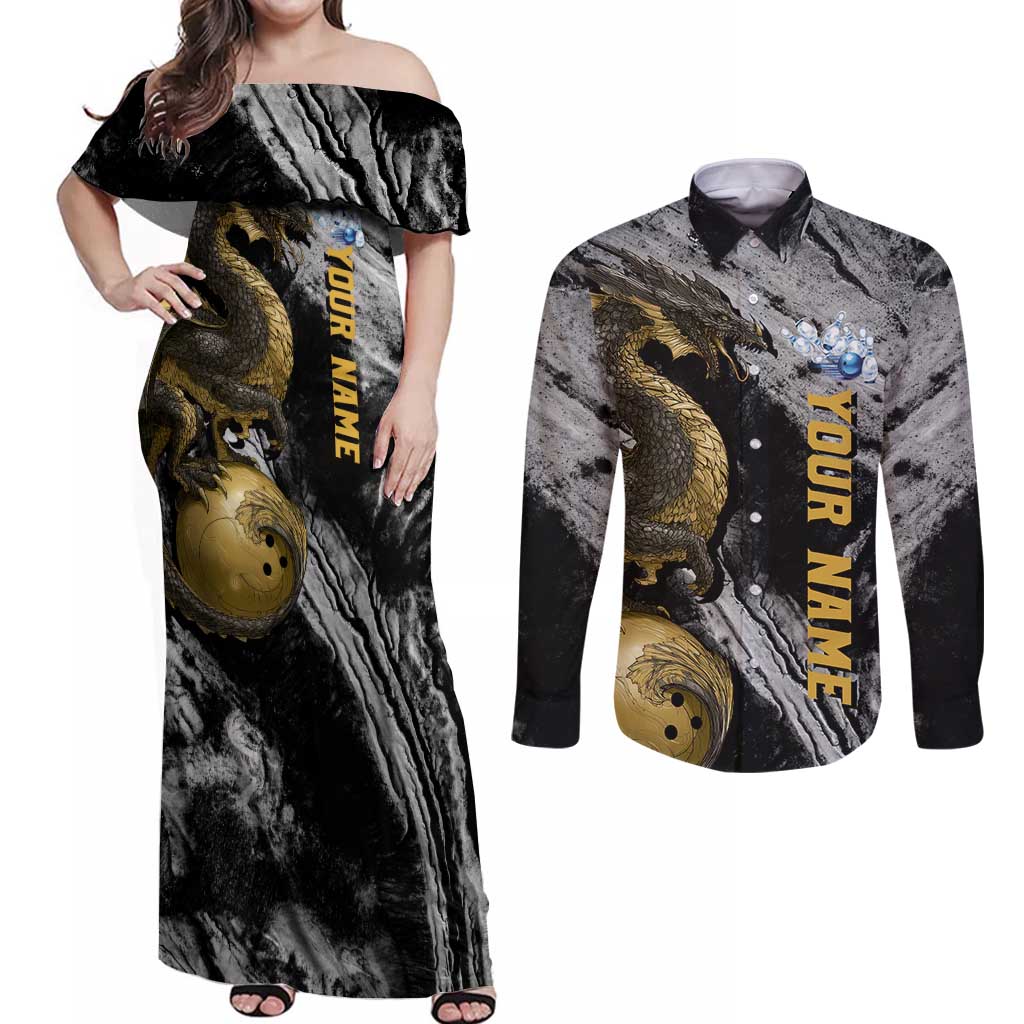 Golden Dragon and Bowling Ball Design Couples Matching Off Shoulder Maxi Dress and Long Sleeve Button Shirt with Marble Stone Texture and Custom Team Name Text - Wonder Print Shop
