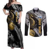Golden Dragon and Bowling Ball Design Couples Matching Off Shoulder Maxi Dress and Long Sleeve Button Shirt with Marble Stone Texture and Custom Team Name Text - Wonder Print Shop