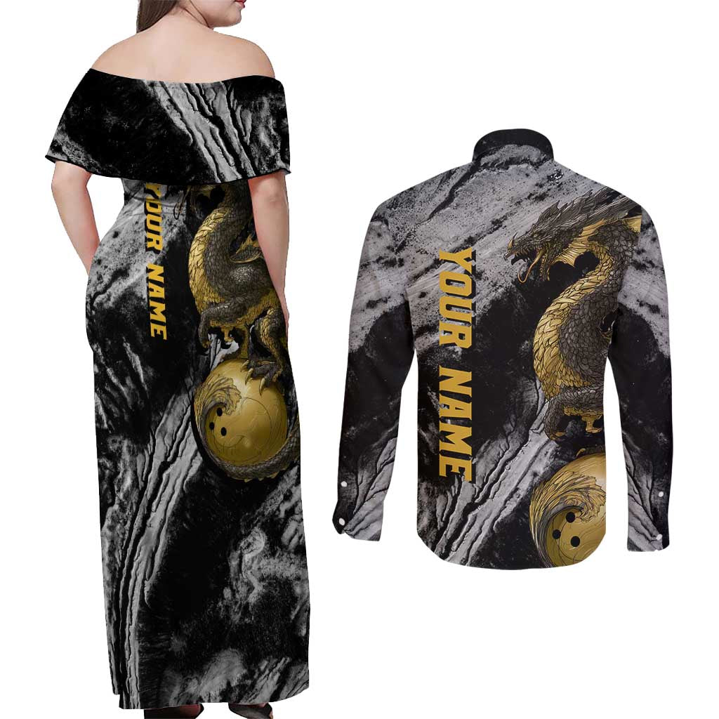 Golden Dragon and Bowling Ball Design Couples Matching Off Shoulder Maxi Dress and Long Sleeve Button Shirt with Marble Stone Texture and Custom Team Name Text - Wonder Print Shop