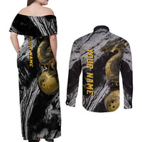 Golden Dragon and Bowling Ball Design Couples Matching Off Shoulder Maxi Dress and Long Sleeve Button Shirt with Marble Stone Texture and Custom Team Name Text - Wonder Print Shop