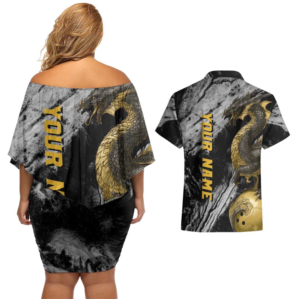 Golden Dragon and Bowling Ball Design Couples Matching Off Shoulder Short Dress and Hawaiian Shirt with Marble Stone Texture and Custom Team Name Text - Wonder Print Shop