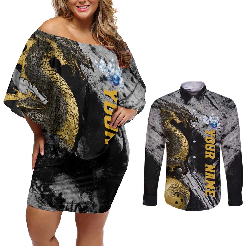 Golden Dragon and Bowling Ball Design Couples Matching Off Shoulder Short Dress and Long Sleeve Button Shirt with Marble Stone Texture and Custom Team Name Text - Wonder Print Shop