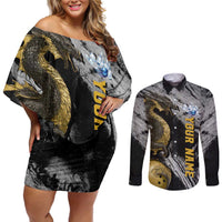 Golden Dragon and Bowling Ball Design Couples Matching Off Shoulder Short Dress and Long Sleeve Button Shirt with Marble Stone Texture and Custom Team Name Text - Wonder Print Shop
