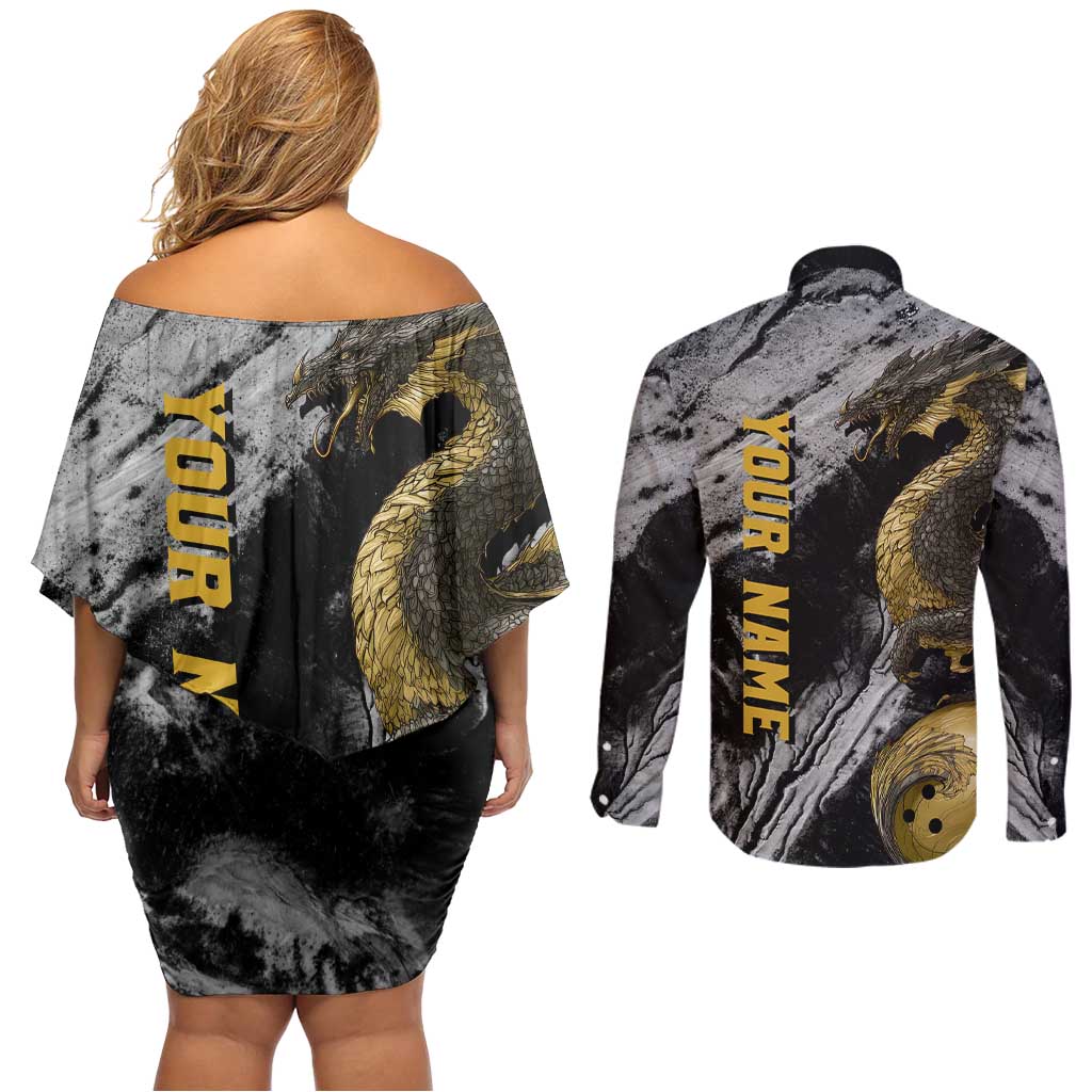 Golden Dragon and Bowling Ball Design Couples Matching Off Shoulder Short Dress and Long Sleeve Button Shirt with Marble Stone Texture and Custom Team Name Text - Wonder Print Shop