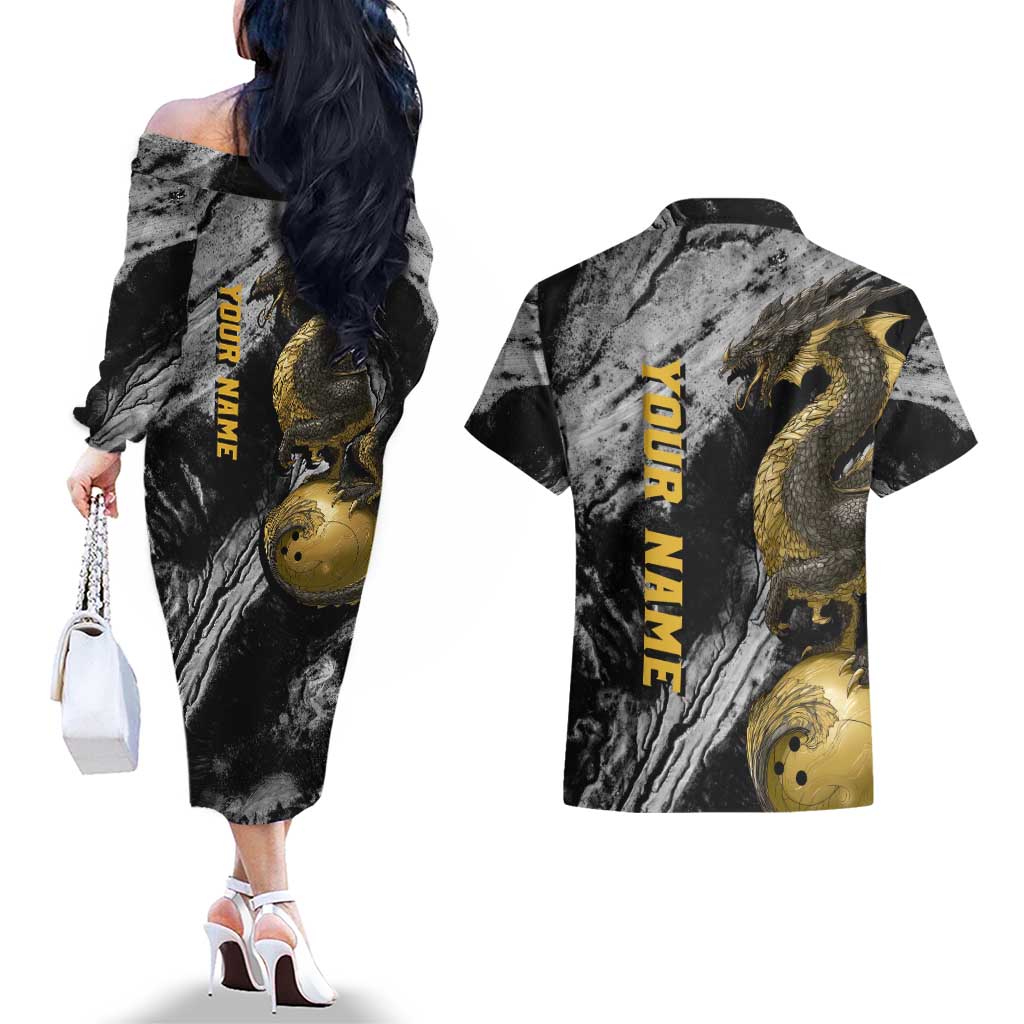 Golden Dragon and Bowling Ball Design Couples Matching Off The Shoulder Long Sleeve Dress and Hawaiian Shirt with Marble Stone Texture and Custom Team Name Text - Wonder Print Shop