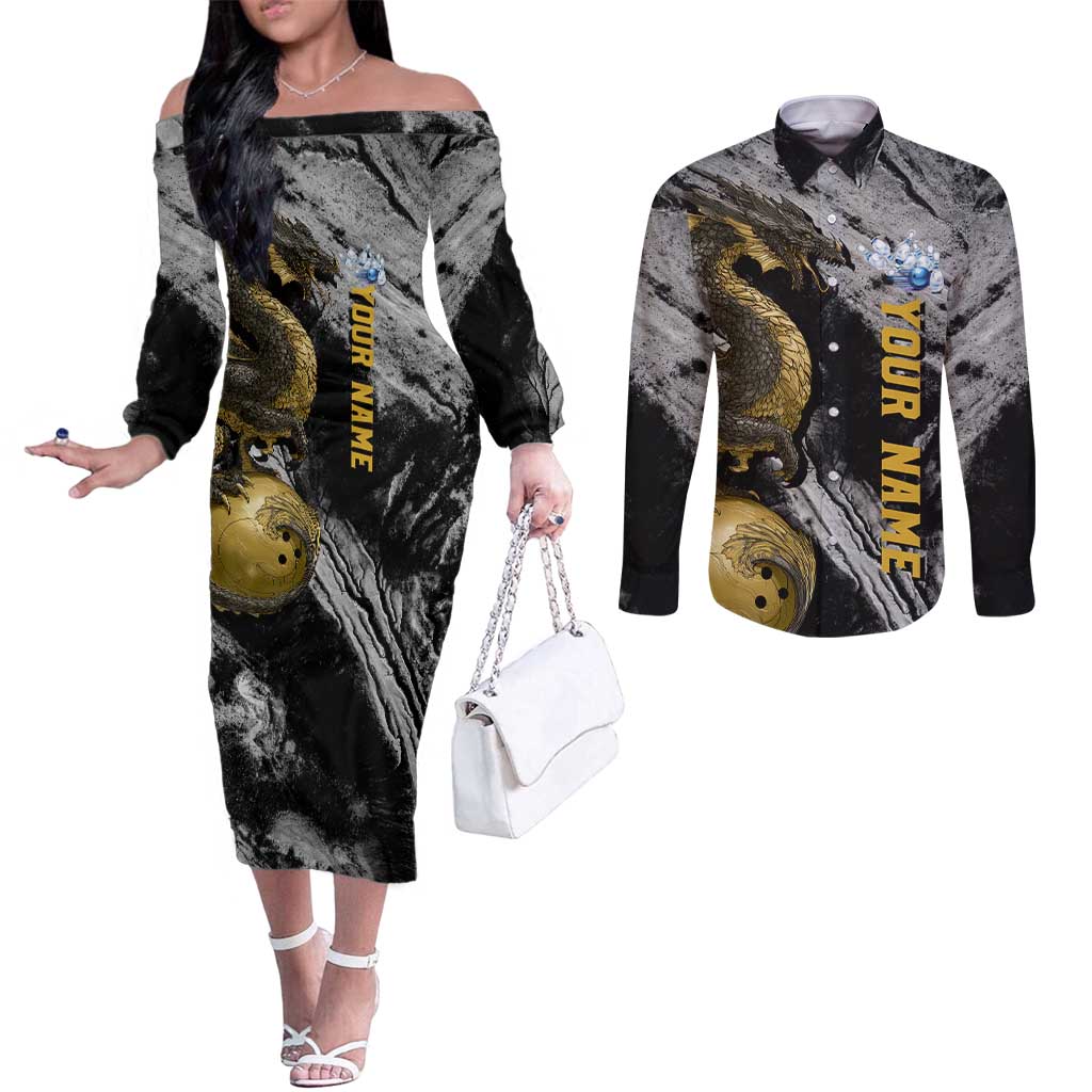 Golden Dragon and Bowling Ball Design Couples Matching Off The Shoulder Long Sleeve Dress and Long Sleeve Button Shirt with Marble Stone Texture and Custom Team Name Text - Wonder Print Shop