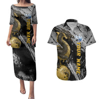 Golden Dragon and Bowling Ball Design Couples Matching Puletasi and Hawaiian Shirt with Marble Stone Texture and Custom Team Name Text - Wonder Print Shop
