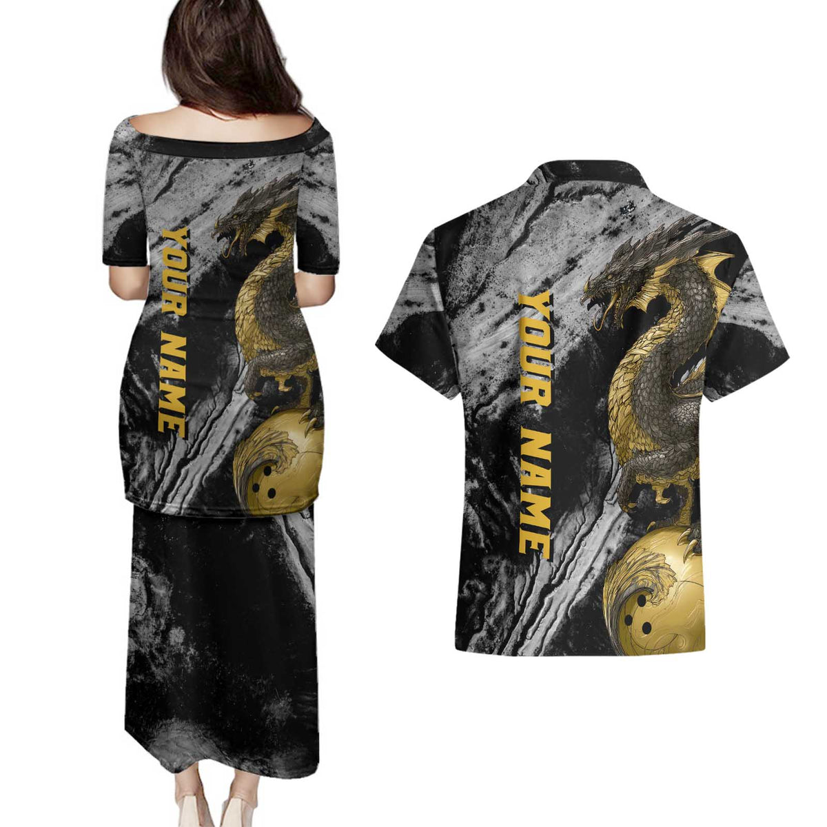 Golden Dragon and Bowling Ball Design Couples Matching Puletasi and Hawaiian Shirt with Marble Stone Texture and Custom Team Name Text - Wonder Print Shop