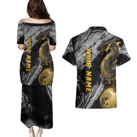 Golden Dragon and Bowling Ball Design Couples Matching Puletasi and Hawaiian Shirt with Marble Stone Texture and Custom Team Name Text - Wonder Print Shop
