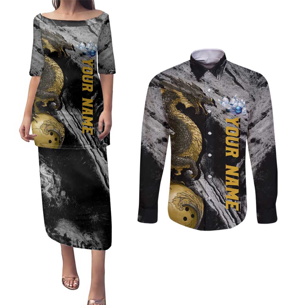 Golden Dragon and Bowling Ball Design Couples Matching Puletasi and Long Sleeve Button Shirt with Marble Stone Texture and Custom Team Name Text - Wonder Print Shop